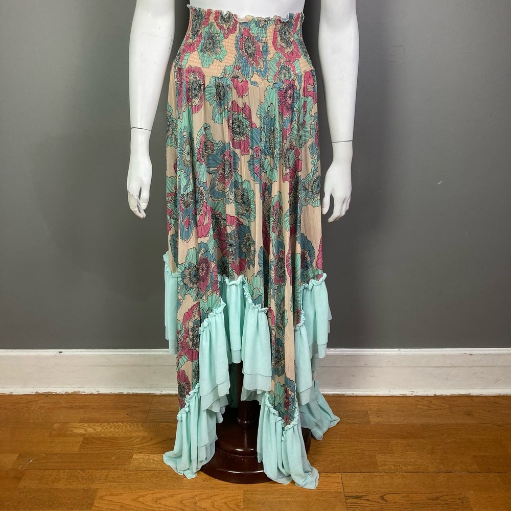CHIO Maxi Skirt Size XS Sheer Ruffle Hem Boho Floral Blue Tan Italian Romantic